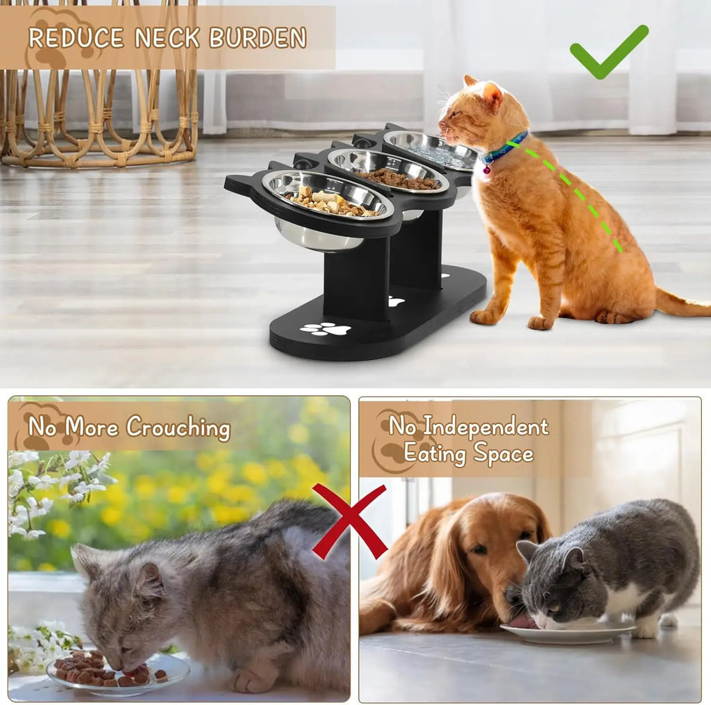 Cat Bowls Elevated, Raised Cat Food Bowls For Cats, Adjustable Heights Cat Food And Water Bowl With Black Shelf. | Lilac Cats