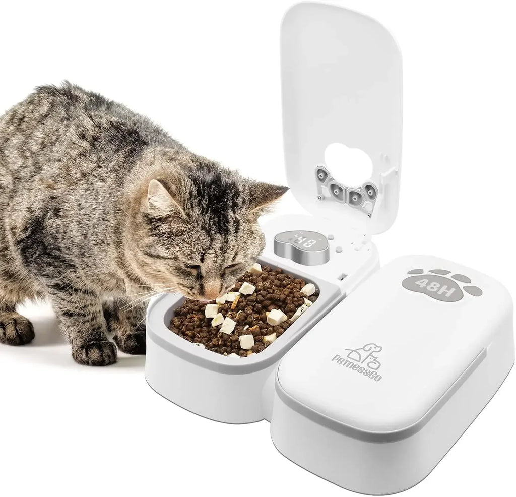 Automatic Wet Food Cat Feeder, 1-48 Hours Smart Timer Pet Feeder with LED Display for 2 Cats, Dry or Semi-Moist Pet Food Dispenser for Kitten and Puppy | Lilac Pets