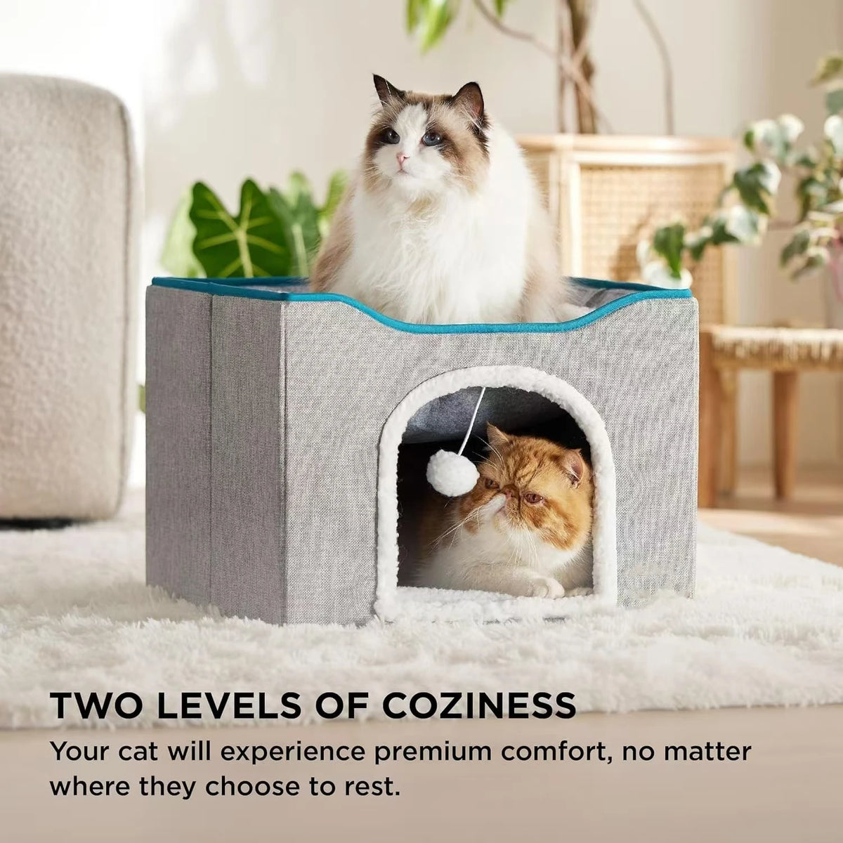 Cat Beds For Indoor Cats - Large Cat Cave For Pet Cat House With Fluffy Ball | Lilac Cats