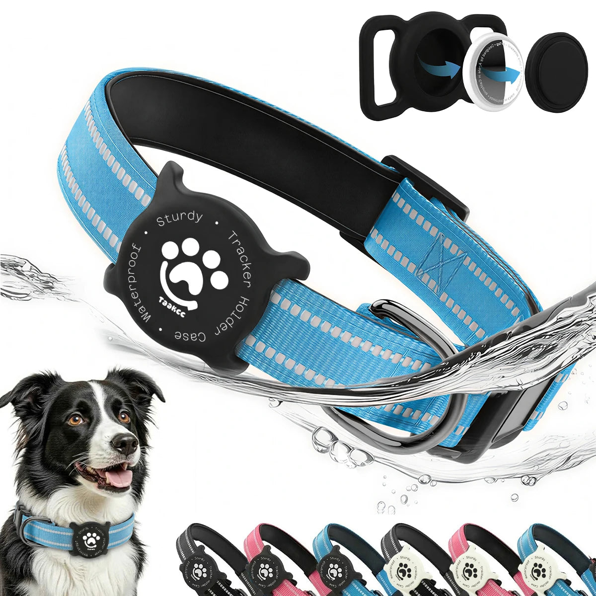 Reflective Dog Collar with Luminous AirTag Holder, Waterproof Soft Padded & Safety Buckle, Air Tag Tracker Case Collars | Lilac Dogs