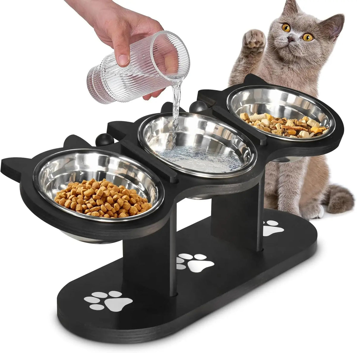 Cat Bowls Elevated, Raised Cat Food Bowls For Cats, Adjustable Heights Cat Food And Water Bowl With Black Shelf. | Lilac Cats