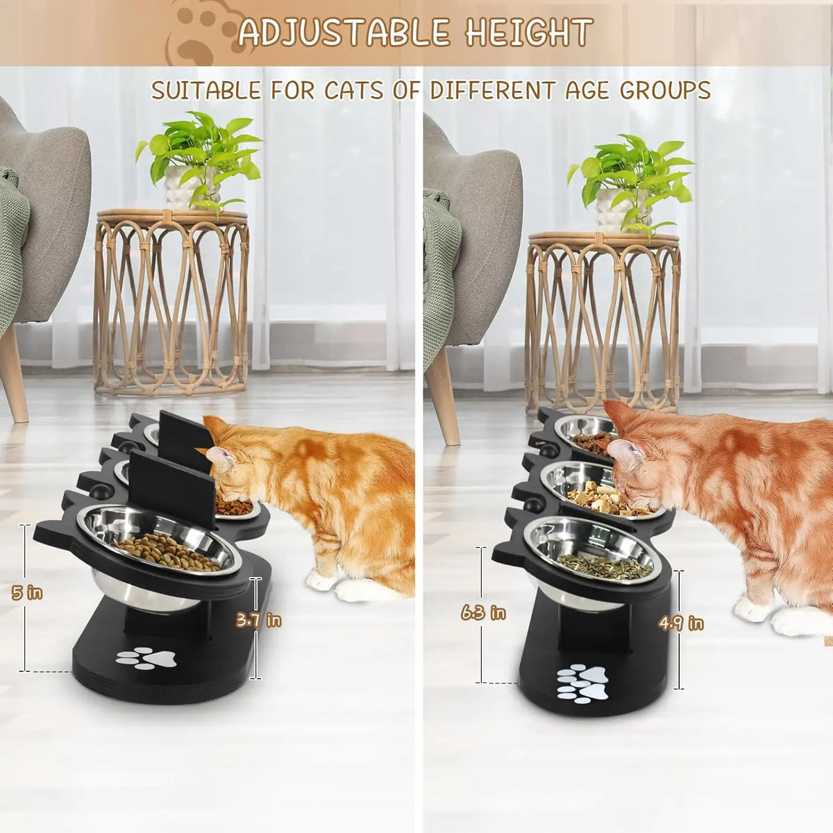 Cat Bowls Elevated, Raised Cat Food Bowls For Cats, Adjustable Heights Cat Food And Water Bowl With Black Shelf. | Lilac Cats