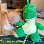 Green, Durable, Chewable Plush Dinosaur Dog Toy with Squeaks - An Interactive Pet Toy Suitable for Medium-Sized Dogs.