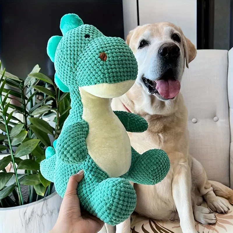 Green, Durable, Chewable Plush Dinosaur Dog Toy with Squeaks - An Interactive Pet Toy Suitable for Medium-Sized Dogs.