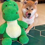 Green, Durable, Chewable Plush Dinosaur Dog Toy with Squeaks - An Interactive Pet Toy Suitable for Medium-Sized Dogs.