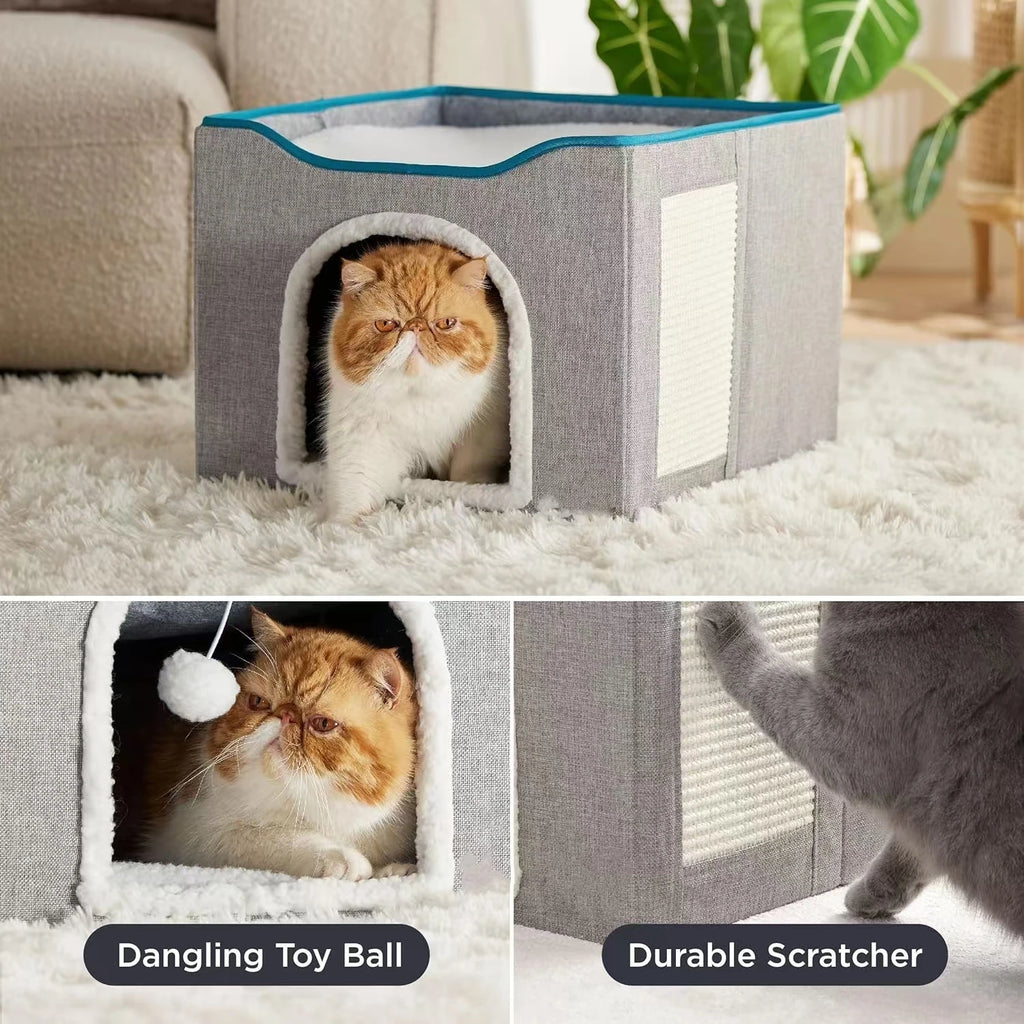 Cat Beds For Indoor Cats - Large Cat Cave For Pet Cat House With Fluffy Ball | Lilac Cats