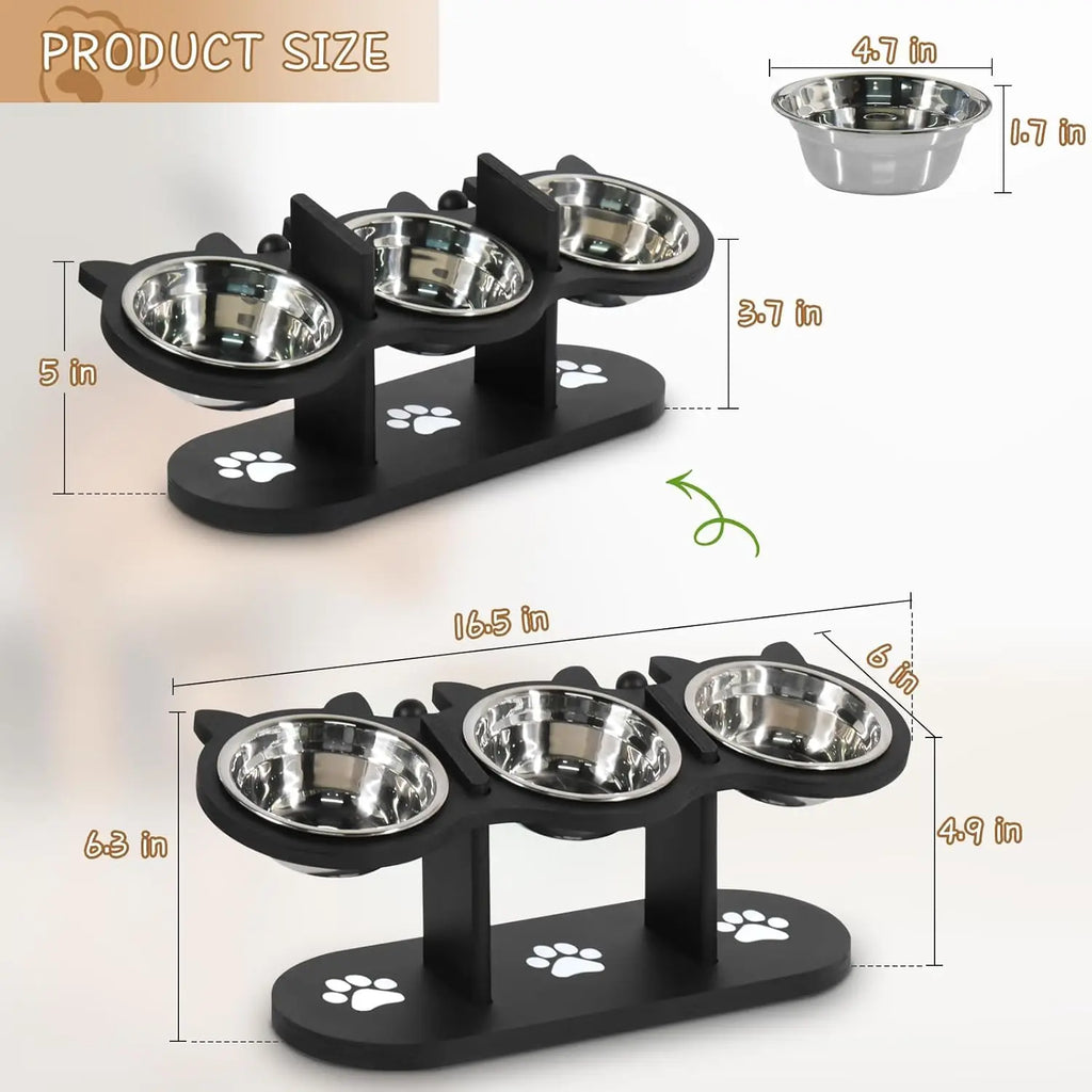 Cat Bowls Elevated, Raised Cat Food Bowls For Cats, Adjustable Heights Cat Food And Water Bowl With Black Shelf. | Lilac Cats