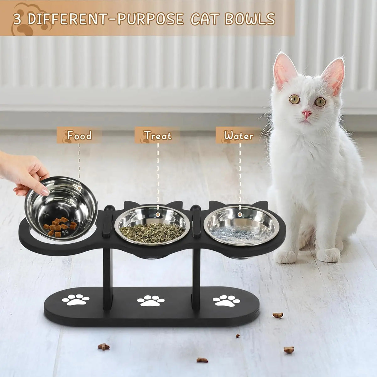 Cat Bowls Elevated, Raised Cat Food Bowls For Cats, Adjustable Heights Cat Food And Water Bowl With Black Shelf. | Lilac Cats