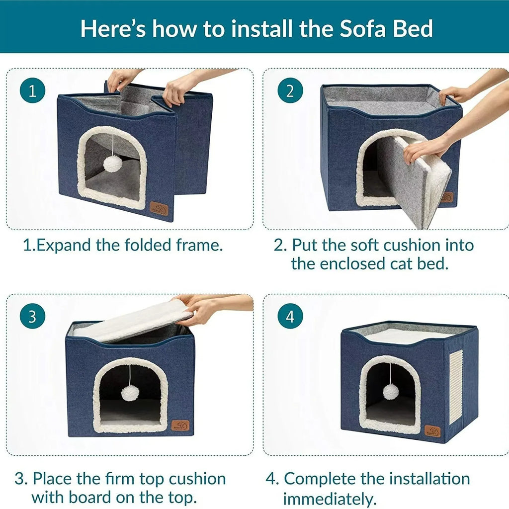 Cat Beds For Indoor Cats - Large Cat Cave For Pet Cat House With Fluffy Ball | Lilac Cats