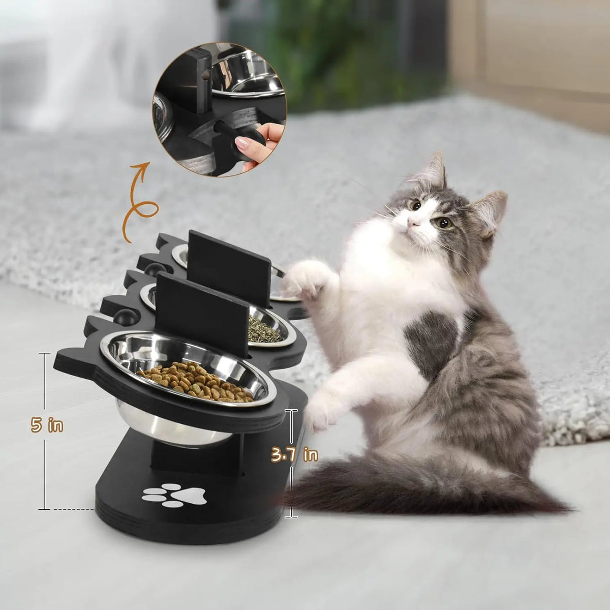 Cat Bowls Elevated, Raised Cat Food Bowls For Cats, Adjustable Heights Cat Food And Water Bowl With Black Shelf. | Lilac Cats